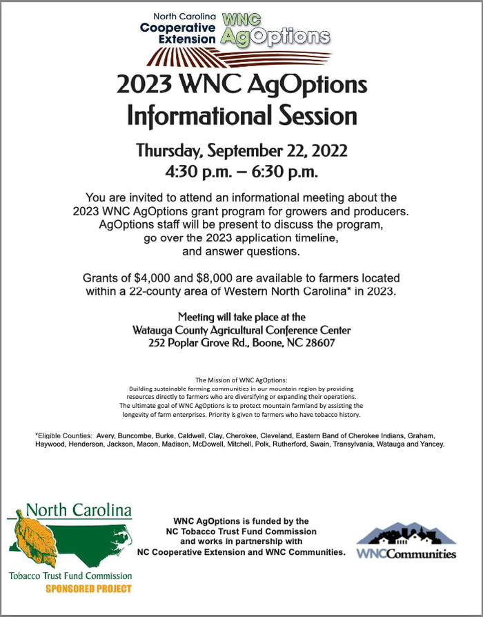 2023 WNC AgOptions Info session in Watauga September 22, 2022 4:30pm-6:30pm