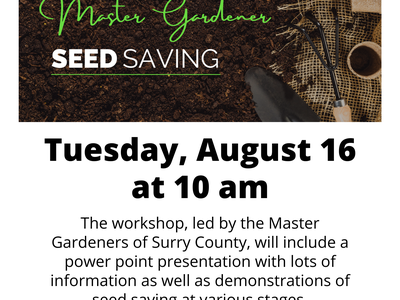 Flyer for Master Gardener Seed Saving workshop on Tuesday, August 16 at 10:00 am at the Charles H. Stone Memorial Library in Pilot Mountain, NC.