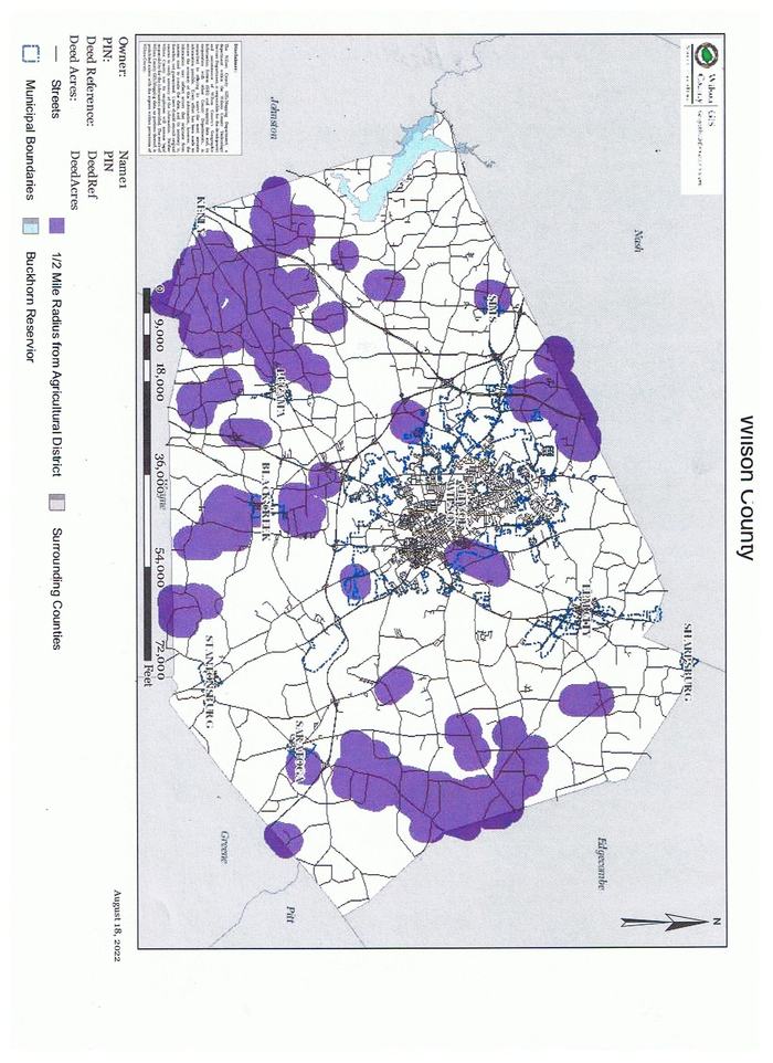 Wilson County map showing purple 1/2 mile radius agricultural district areas and road network