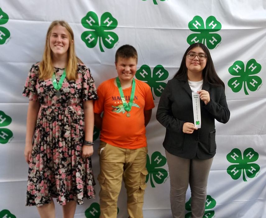 Three youths stand in front a 4-H banner and display their awards.