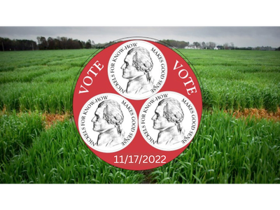 Red circular "VOTE" badge with three Jefferson-profile nickels and date 11/17/2022 over green field