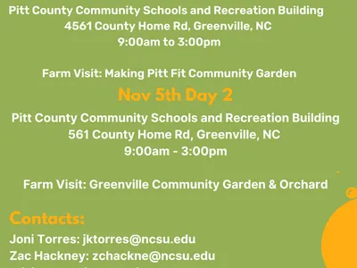 Training schedule: Oct 29 Day 1 and Nov 5 Day 2, Pitt County 9:00am–3:00pm; contact jktorres@ncsu.edu