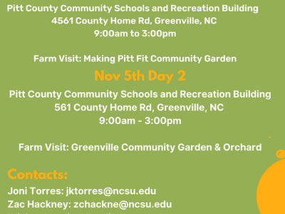 Training schedule: Oct 29 Day 1 and Nov 5 Day 2, Pitt County 9:00am–3:00pm; contact jktorres@ncsu.edu