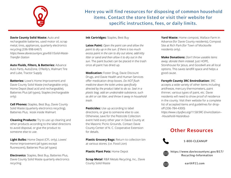Flyer: resources for disposing common household items; Davie County Solid Waste info, 1-800-CLEANUP