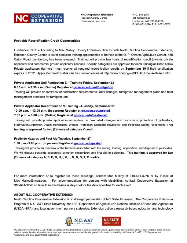 A flyer describing the days and times of upcoming pesticide trainings.