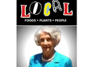 'LOCAL' logo and 'FOODS • PLANTS • PEOPLE' above portrait of an older woman in a turquoise suit and pearl necklace