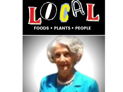 'LOCAL' logo and 'FOODS • PLANTS • PEOPLE' above portrait of an older woman in a turquoise suit and pearl necklace