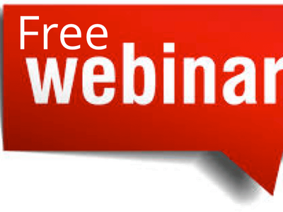 Red speech-bubble graphic containing the text "Free webinar"