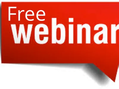 Red speech-bubble graphic containing the text "Free webinar"
