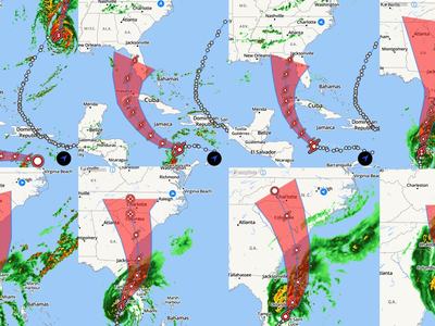 Predicted path of Hurricane Ian showing it traveling into North Carolina through South Carolina.