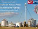 Flyer for nickels for know-how referendum voting. Flyer image set on grain elevators