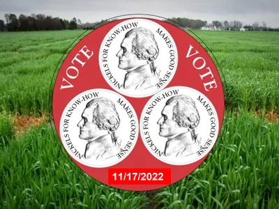 Red circular sign with three nickels, the word "VOTE" and date "11/17/2022" over a green field