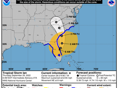 A map of the south eastern United States depicting the possible path of Tropical Storm Ian.