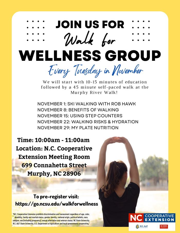 Join us for walk for wellness group. Every tuesday in November. We will start with 10-15 minutes of education followed by a 45 minute self-paced walk at the Murphy River Walk.