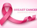 Pink breast cancer awareness ribbon with text "BREAST CANCER AWARENESS MONTH"