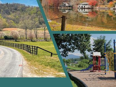 Collage: lake, farm road, playground; text "Henderson County Comprehensive Plan", "DRAFT: September 9, 2022", "2045"