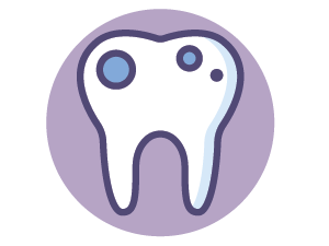 Cartoon tooth with two round cavities and a small spot on a purple circular background