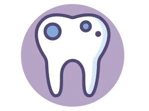 Cartoon tooth with two round cavities and a small spot on a purple circular background