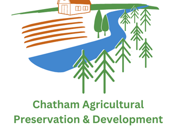 Farmhouse, fields, river and trees graphic with text: "Chatham Agricultural Preservation & Development Trust Fund"
