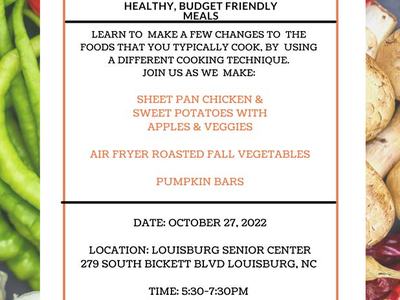 Fall Cooking Class flyer with class informatin on a vegetable background