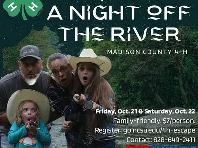 Night off the river. Family looking surprised holding flashlights.