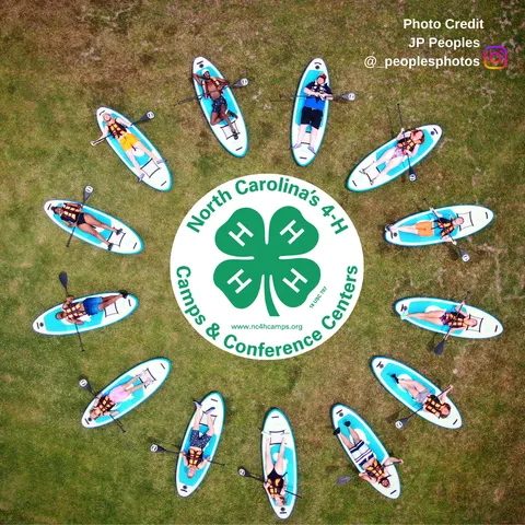 People on paddleboards in a circle around 4‑H logo: "North Carolina's 4‑H Camps & Conference Centers"