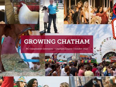 Fair and farm collage with central text 'GROWING CHATHAM' and NC State Fair logo