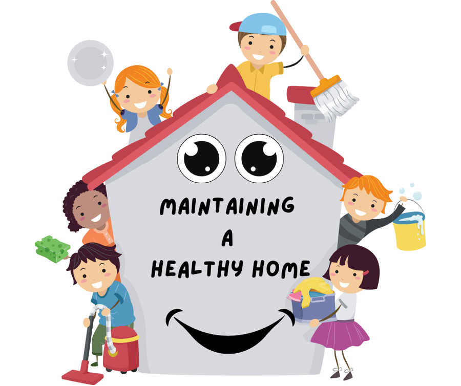 cartoon house with kids doing chores