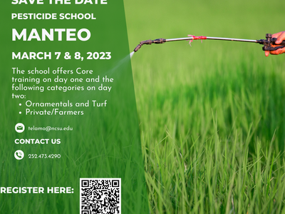 Save the Date, Pesticide School. Manteo March 7 & 8, 2023. The school offers Core training on day one.