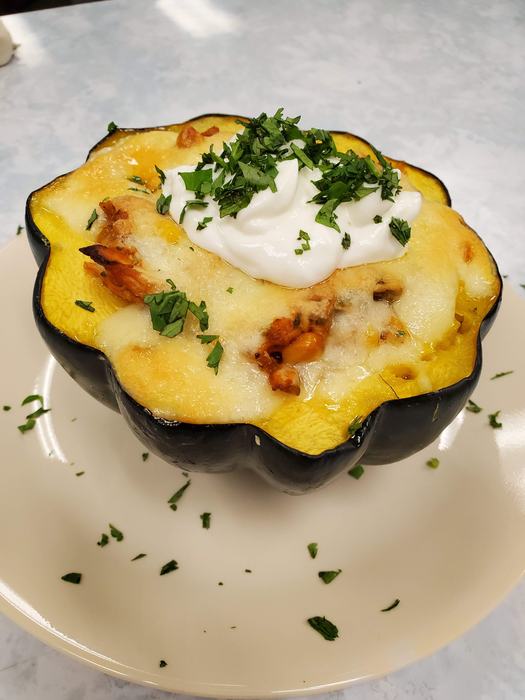 Acorn Squashed stuffed with chicken.