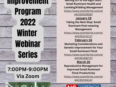 NC Small Ruminant Improvement Program 2022 Winter Webinar Series. 7:00 p.m. – 9:00 p.m.