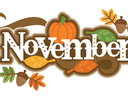 Decorative "November" lettering with a pumpkin, autumn leaves, and acorns