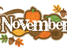 Decorative "November" lettering with a pumpkin, autumn leaves, and acorns