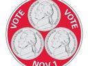 Red circular badge with three Jefferson nickels and text VOTE, VOTE, NOV. 1