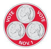 Red circular badge with three Jefferson nickels and text VOTE, VOTE, NOV. 1