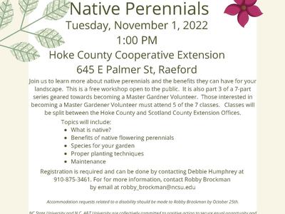 Living Landscapes — Native Perennials; Nov 1, 2022 1 PM; Hoke County Cooperative Extension, Raeford