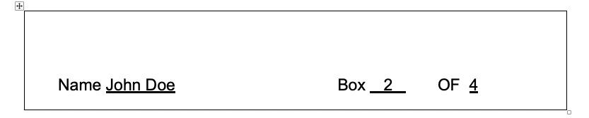 Form field showing "Name John Doe" on left; "Box 2 OF 4" on right