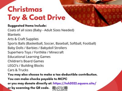 Christmas Toy & Coat Drive — drop off unwrapped gifts by Dec 2 at Montgomery County Extension, 203 W Main St, Troy