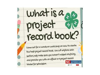 Flyer titled "what is a project record book?" with 4-H clover and NC Cooperative Extension logo
