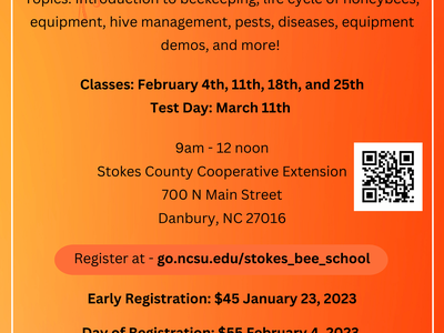 2023 Stokes County Bee School; classes Feb 4, 11, 18, 25; Test Day Mar 11; Danbury, NC