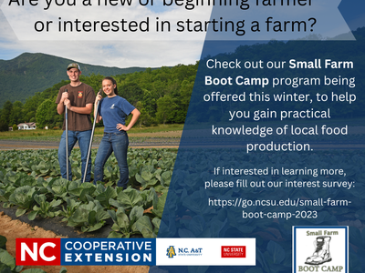 Two young farmers in a field of collards and information on our new Small Farm Boot Camp program being offered this winter with a link to the interest survey.