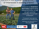 Two young farmers in a field of collards and information on our new Small Farm Boot Camp program being offered this winter with a link to the interest survey.
