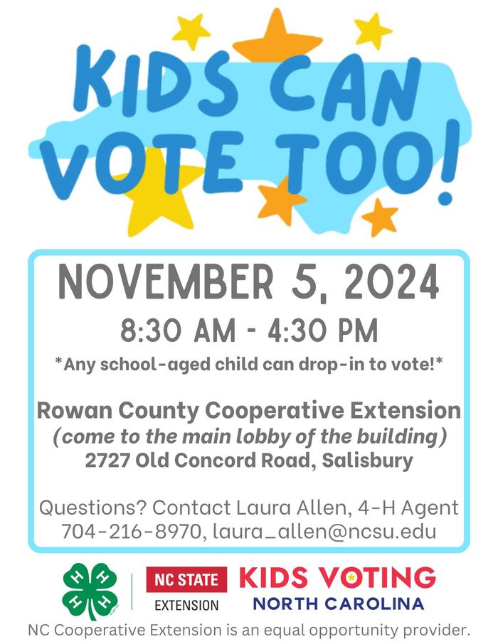 KIDS CAN VOTE TOO! — November 5, 2024, 8:30 AM–4:30 PM at Rowan County Cooperative Extension
