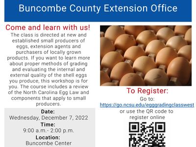 Flyer: Egg Grading School, Buncombe County Extension Office; Date Dec 7, 2022; Cost $10.00