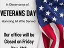 Office closed for Veteran's Day