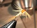 Hand-tied dry fly with orange body clamped in a fly-tying vise