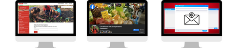 Three desktop monitors showing a local food website, a social media post, and an email window