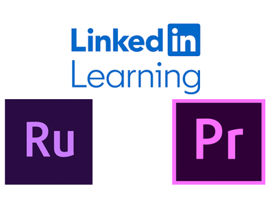 LinkedIn Learning logo, Adobe Premiere Rush and Pro logo