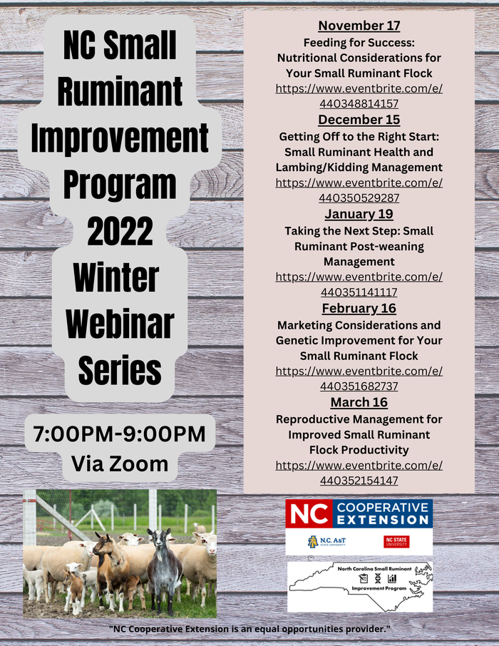 NC Small Ruminant Improvement Program 2022 Winter Webinar Series, 7:00PM–9:00PM via Zoom