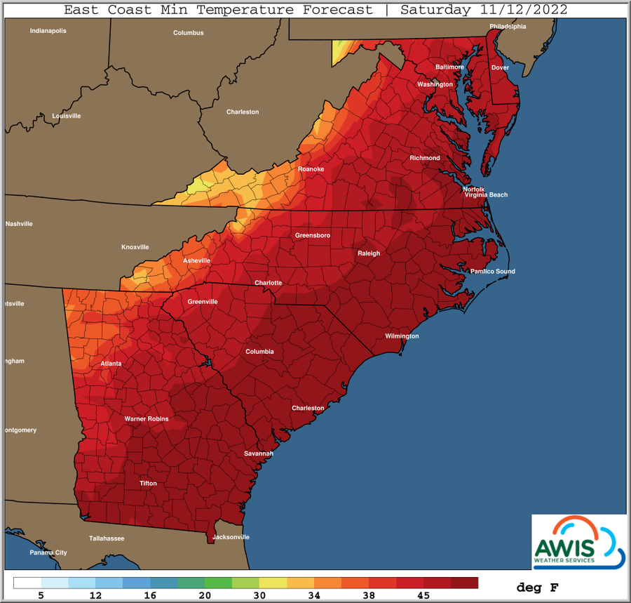 East Coast minimum temperature forecast for Saturday 11/12/2022.